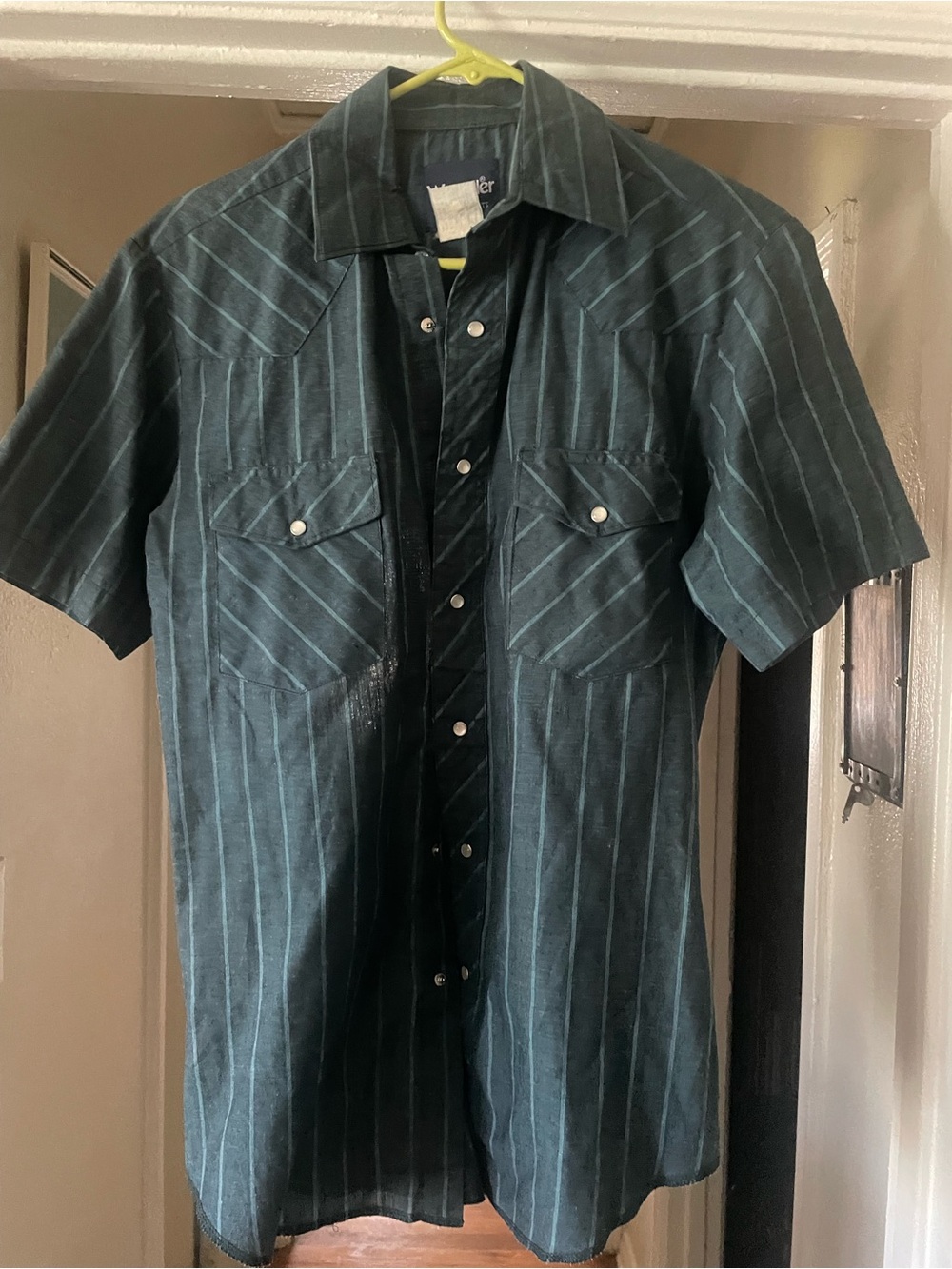 Vintage Wrangler Dark Teal Pinstripe Short-Sleeve Western Shirt